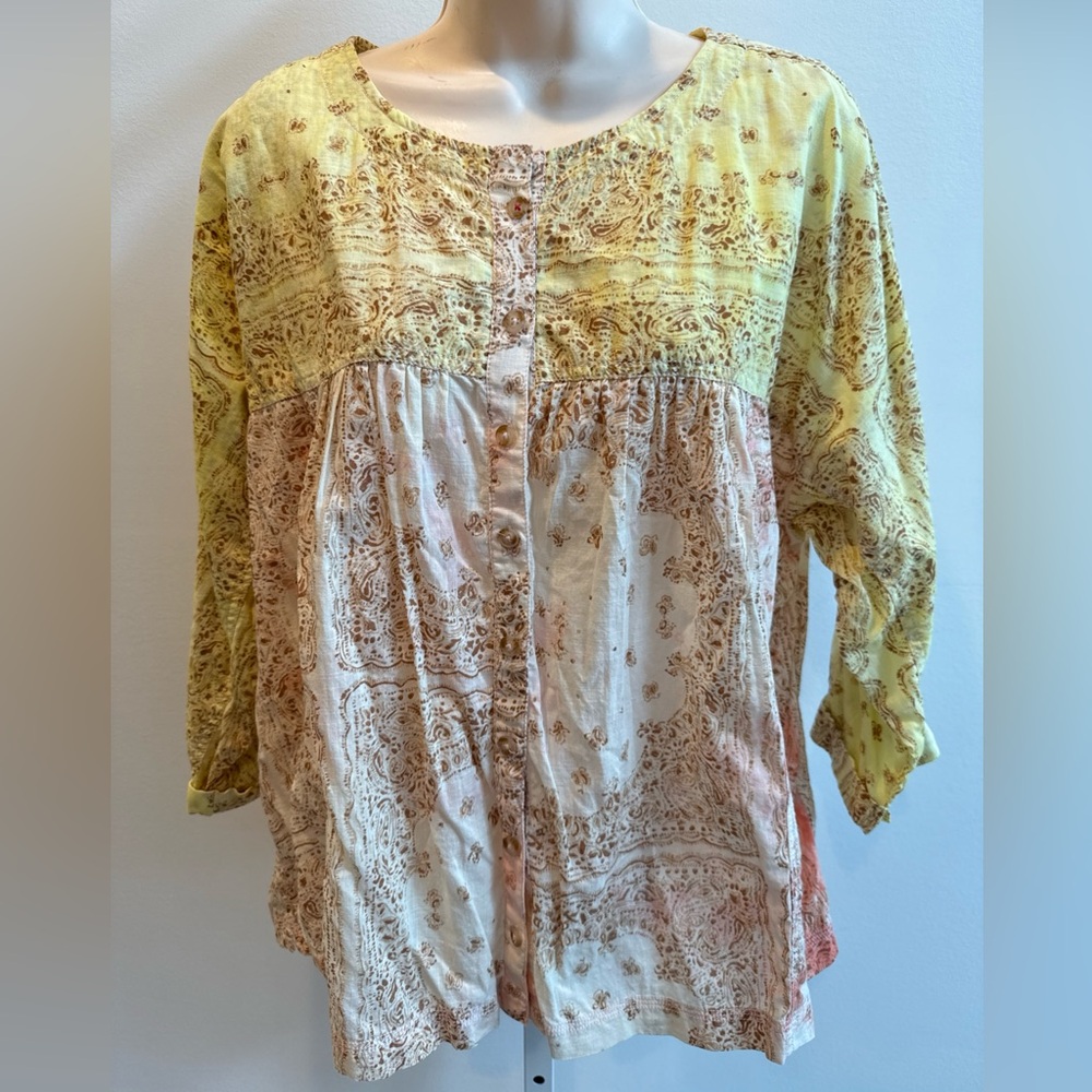 Pilcro Anthropologie Yellow and Pink Patchwork Blouse The Tavi Batik Button Top - Picture 5 of 11
